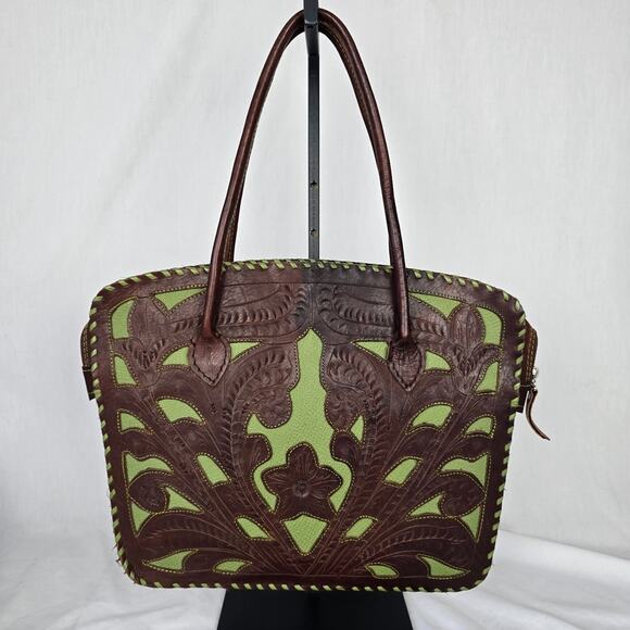 Leaders in Leather Tote Laptop Bag Hand Tooled Cutout Brown Green Paraguay - Picture 1 of 16